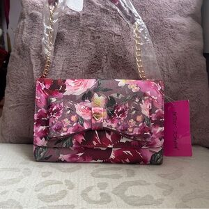 Betsy Johnson Dani Mauve Pink Floral Bow Chain Strap Crossbody Wallet Bag NWT